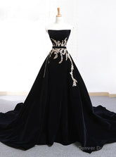 Black Velvet Strapless Crystal With Long Train Wedding Dress